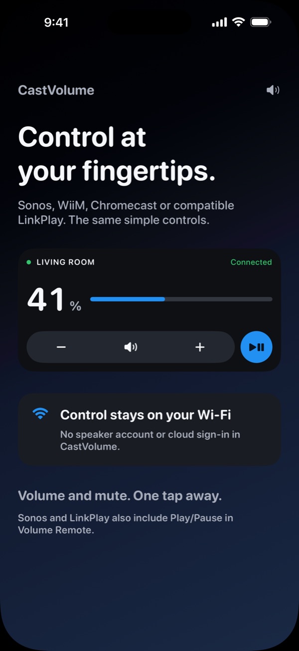 CastVolume Volume Remote for the living room at 41 percent with Play/Pause