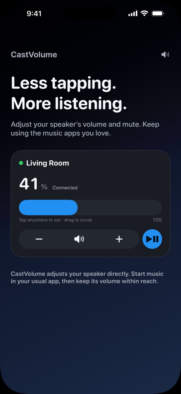Living Room card at 41 percent with volume down, mute, volume up and Play/Pause