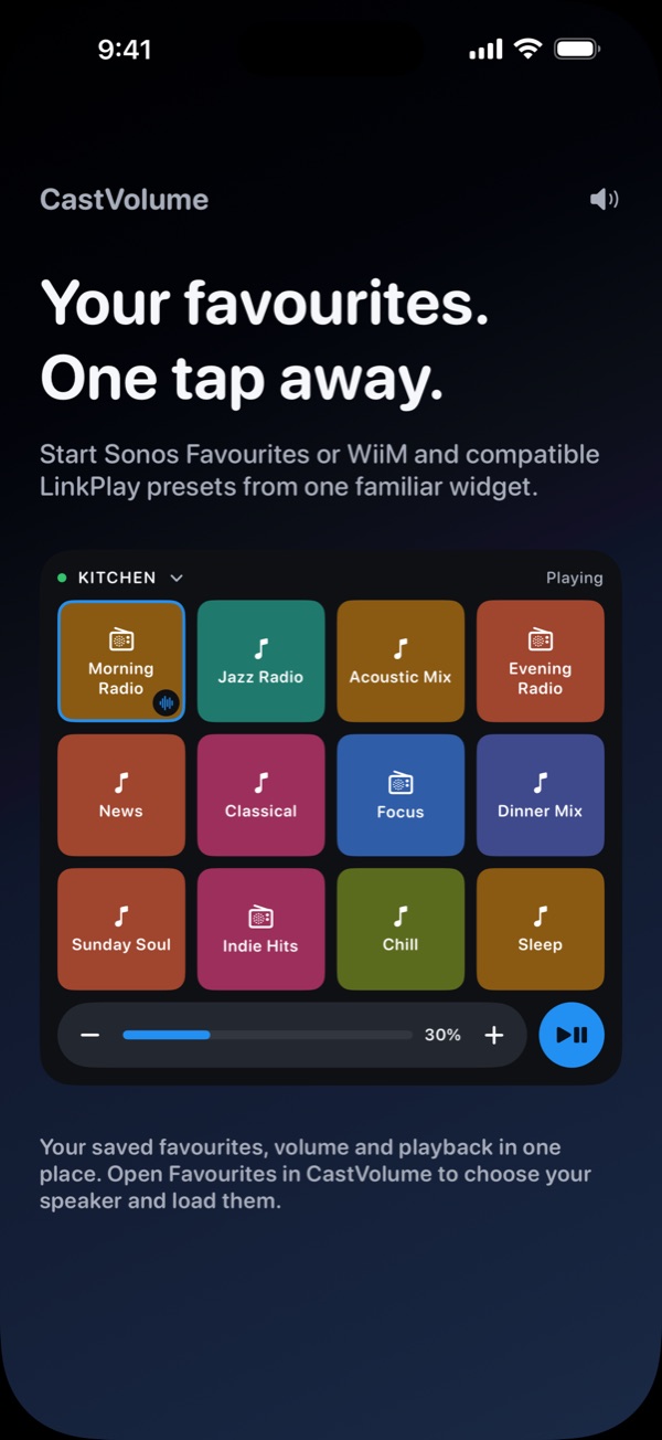 Favourites widget with twelve saved stations for the kitchen speaker