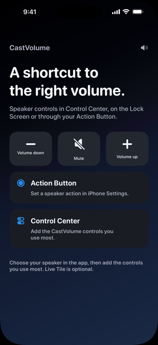 Volume down, Mute and Volume up Controls, with Action Button and Control Center options