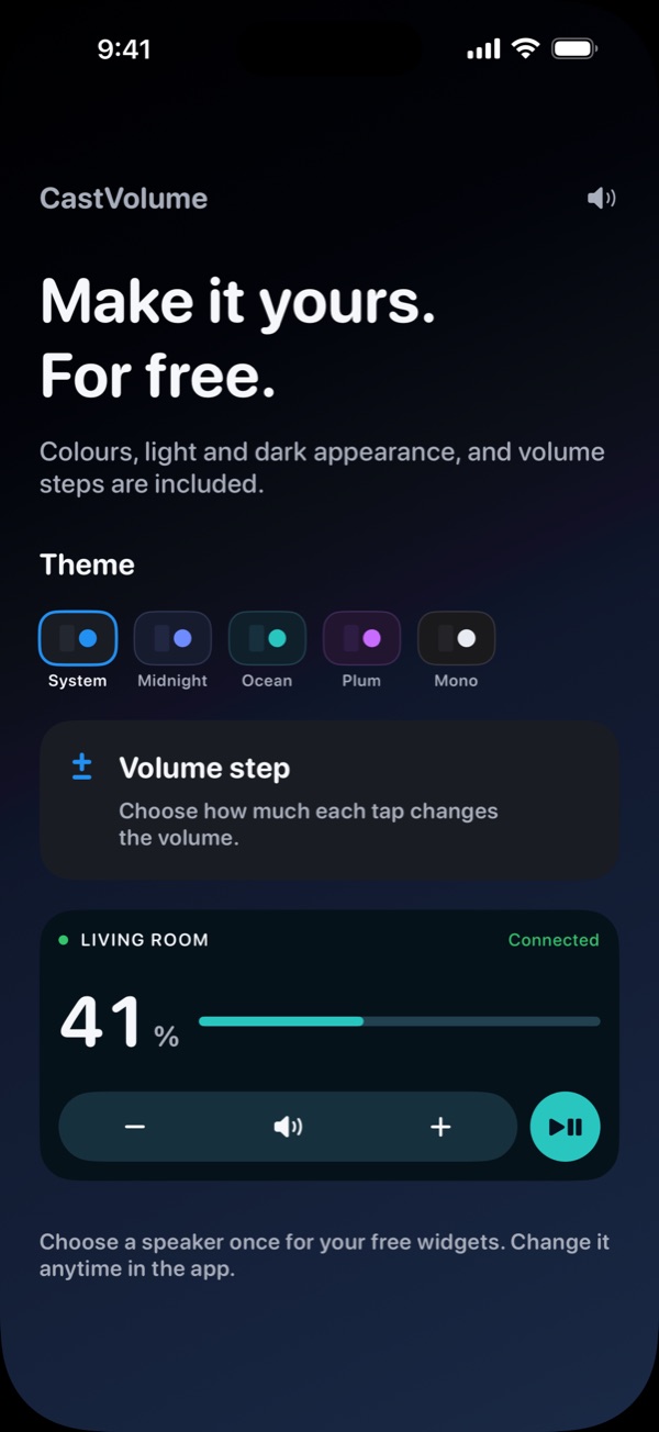 Theme choices System, Midnight, Ocean, Plum and Mono, and the volume step setting